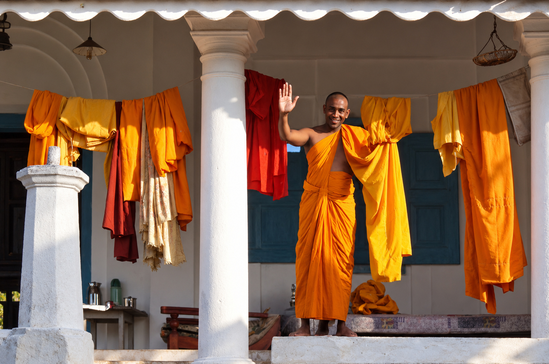 Ein Mönch lächelt und winkt aus einem buddhistischem Tempel in Ambalangoda auf Sri Lanka.